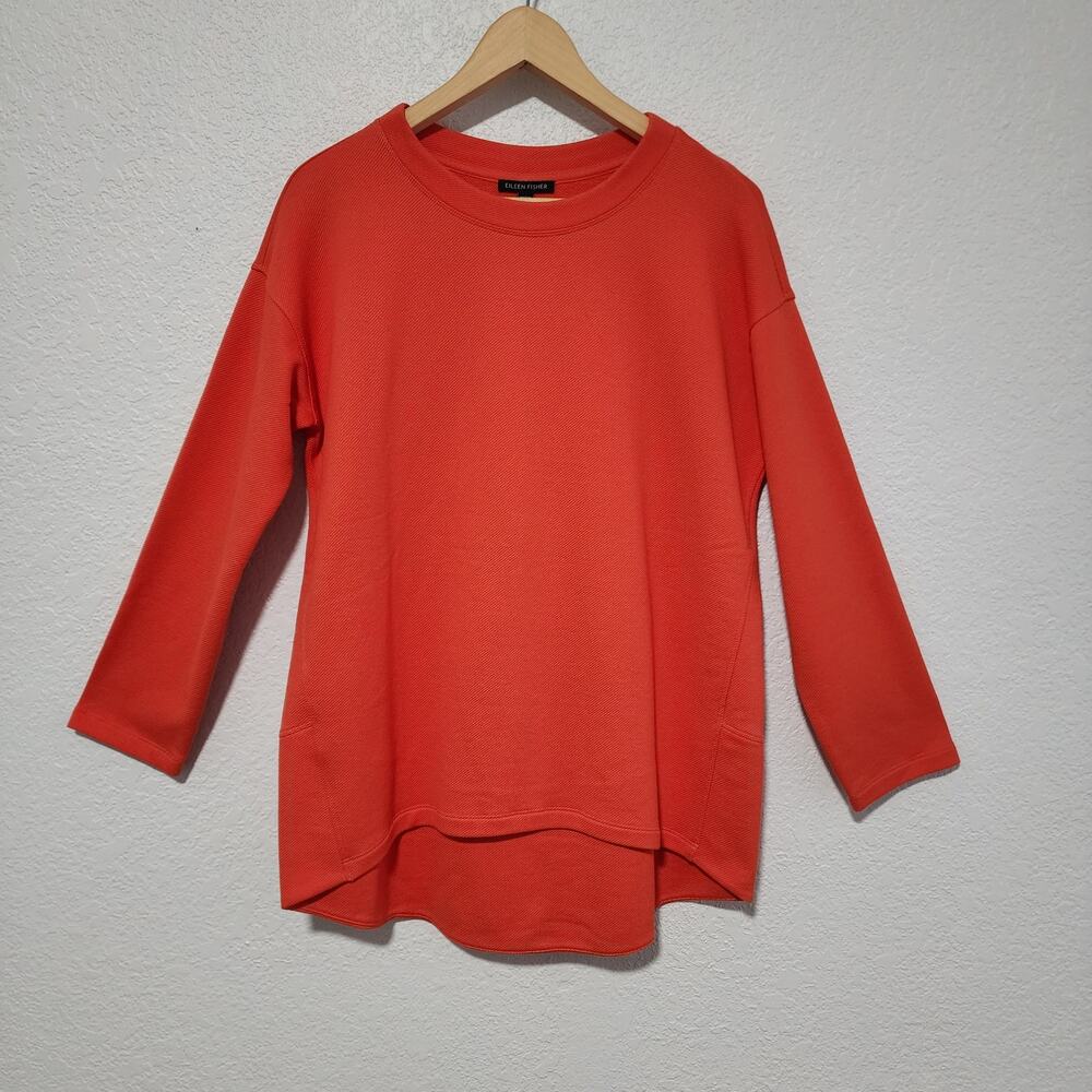 Eileen Fisher Orange Textured Knit Crewneck Tunic Top Long Sleeve Hi Low Hem XS